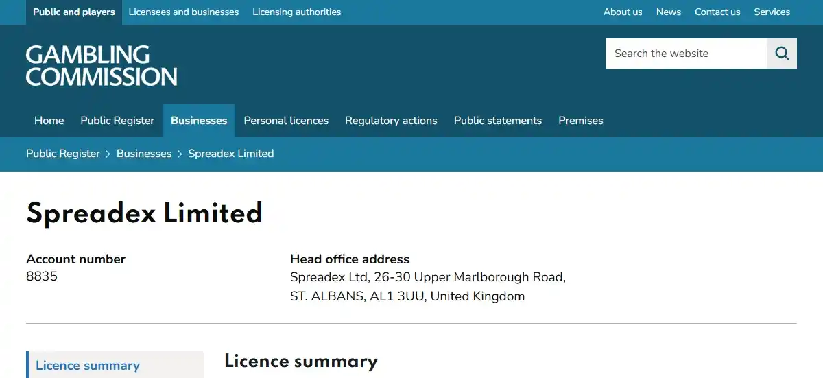 UK Gambling Commission public register entry for Spreadex Limited account 8835