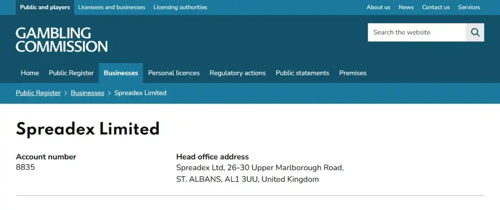 UK Gambling Commission public register entry for Spreadex Limited account 8835
