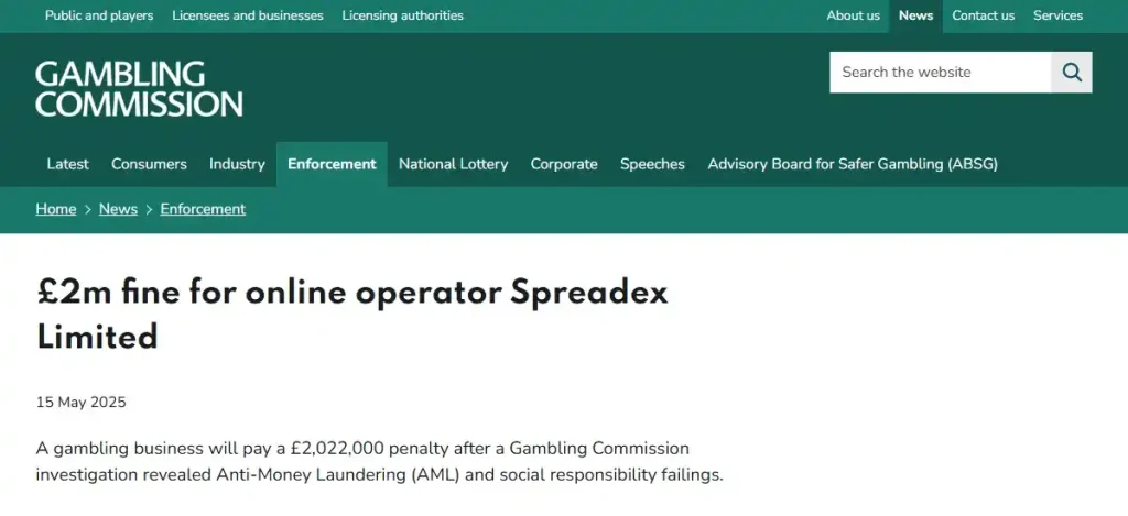 UK Gambling Commission enforcement page for Spreadex Limited showing the 2025 regulatory action