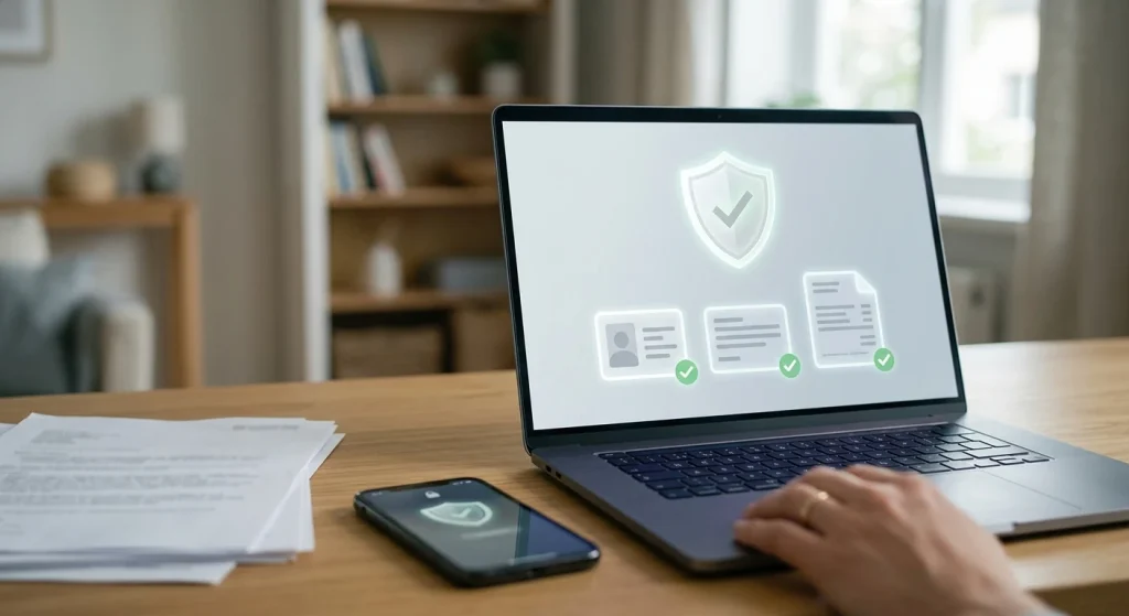 Generic illustration of secure identity verification using abstract document and check symbols